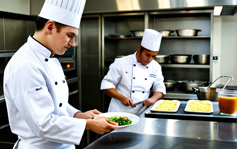 Tranquil Culinary School Exam**

"A culinary student, fully clothed in a chef's uniform, participating in a practical exam at a well-equipped culinary school in a smaller town. The atmosphere is calm and focused. Natural lighting, perfect anatomy, correct proportions, well-formed hands. Appropriate attire, safe for work, professional, modest, family-friendly, high quality."

**