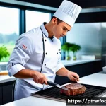 Home 21 양식조리 기능사 필기 및 실기 시험 합격 요령 - A professional kitchen scene showing a young chef wearing a clean white chef's jacket and apron, car...
