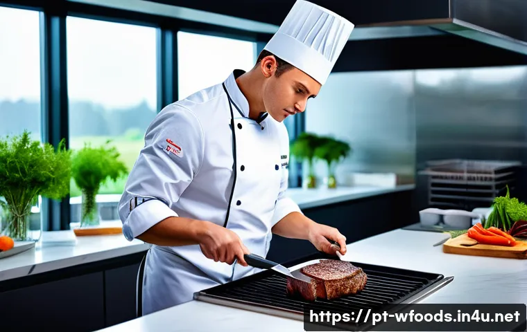 양식조리 기능사 필기 및 실기 시험 합격 요령 - A professional kitchen scene showing a young chef wearing a clean white chef's jacket and apron, car...