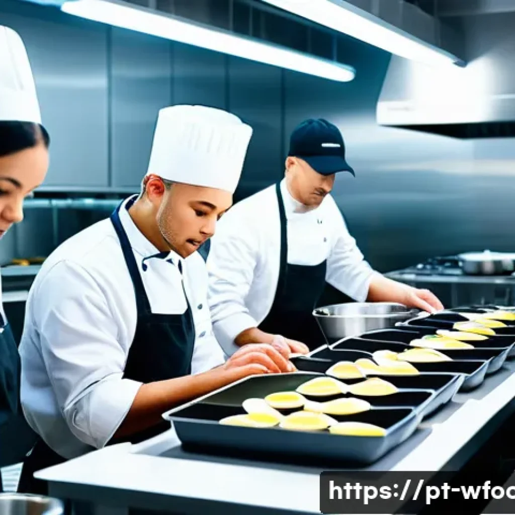 양식조리사 업무일지 작성법 - A professional kitchen scene showing a diverse culinary team actively engaged in organizing their da...