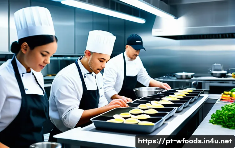 양식조리사 업무일지 작성법 - A professional kitchen scene showing a diverse culinary team actively engaged in organizing their da...