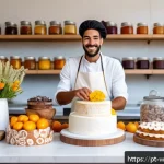 Home 19 양식조리사로 일하면서 가장 보람찼던 순간 - A modern vegan bakery kitchen scene featuring a skilled baker wearing clean, modest clothing and a w...
