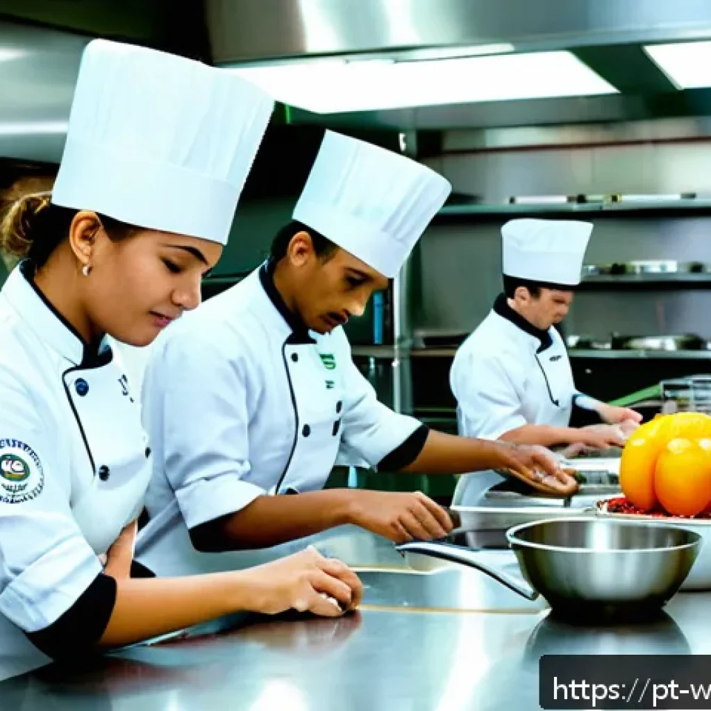양식조리 기능사 자격증 취득 비용 - A professional culinary classroom scene in Brazil, showing diverse adult students wearing clean chef...