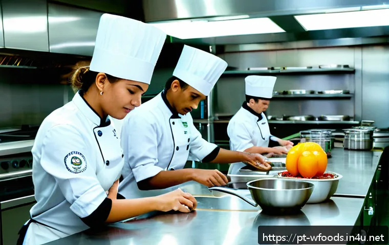 양식조리 기능사 자격증 취득 비용 - A professional culinary classroom scene in Brazil, showing diverse adult students wearing clean chef...