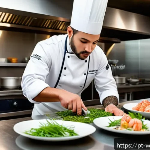 Home 17 양식조리사로 성공하기 위한 마음가짐 - A vibrant, high-end seafood restaurant kitchen scene featuring a skilled chef in crisp, clean attire...