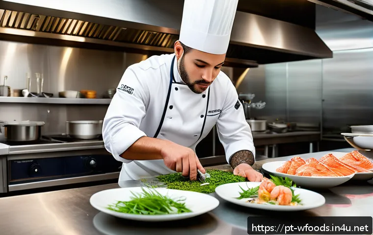 양식조리사로 성공하기 위한 마음가짐 - A vibrant, high-end seafood restaurant kitchen scene featuring a skilled chef in crisp, clean attire...