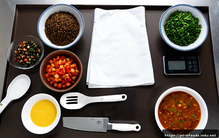 양식조리 실기 필수 준비물 - Photorealistic overhead view of essential equipment for a Western cuisine practical cooking exam, ne...